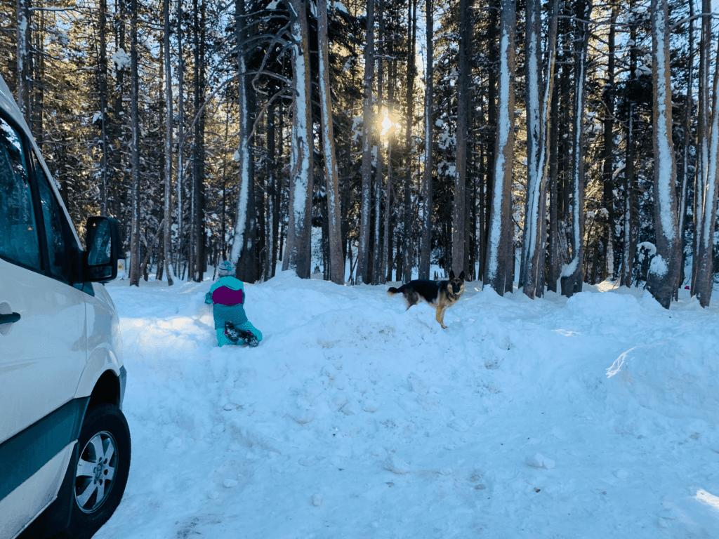 Van kid and dog playing at Tahoe SNO Park on a winter van camping ski trip