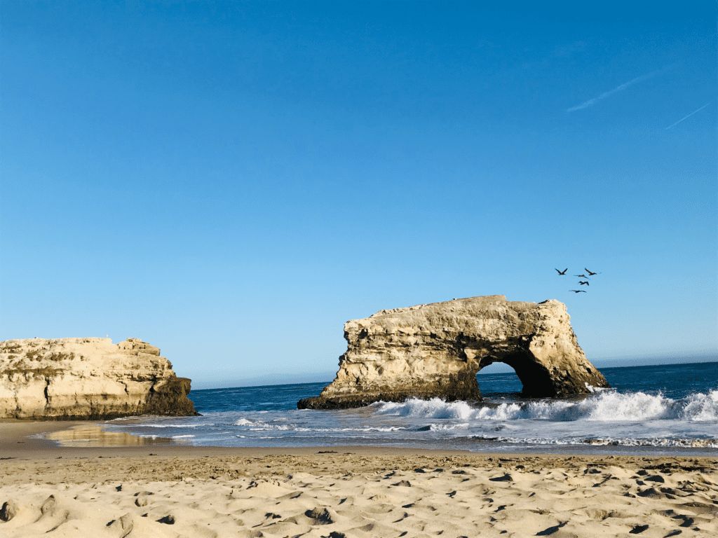 Natural Bridges State Park in Santa Cruz with birds in flight over the ocean