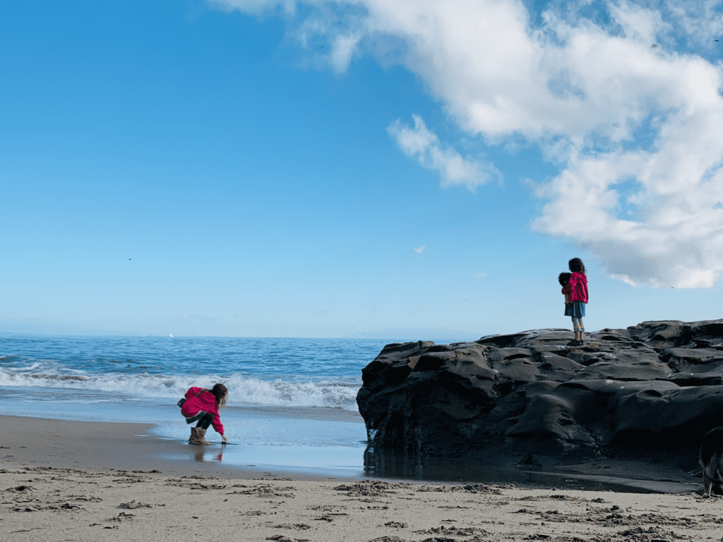 Kids playing on a giant rock next to the ocean at Its dog beach in Santa Cruz