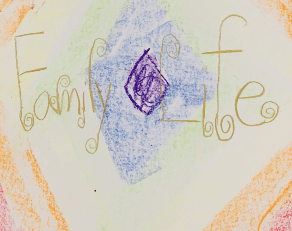 Family Life Pastel color Kid Art with purple diamond in the middle