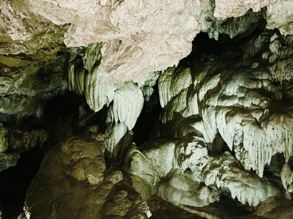 Inside Oregon Caves National Park, nicknamed "the marble halls of Oregon" a rare marble solution cave with formations in the background