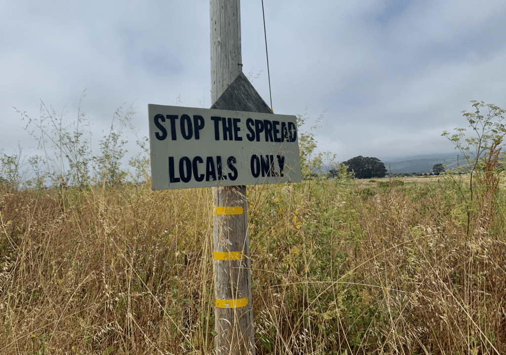 Locals Only Welcoming Sign on California Coast with grass and flowers with grey clouds in the background