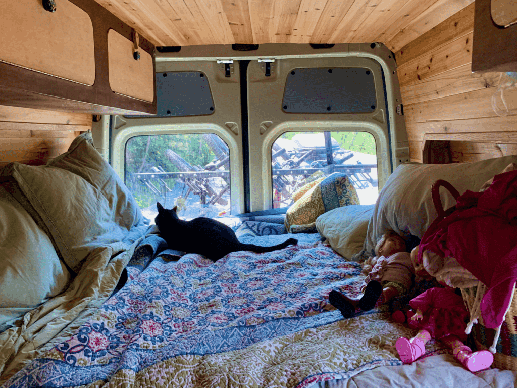 Van rear bed with best cuddle bear ever our dear tuxedo kitty on a colorful quilt with dolls in the background