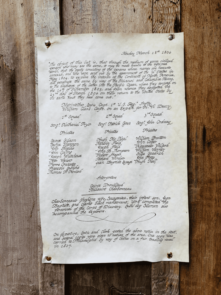 Lewis & Clark departure letter from Captains Meriwether Lewis and William Clark dated March 18, 1806 nailed with a wooden door in the background