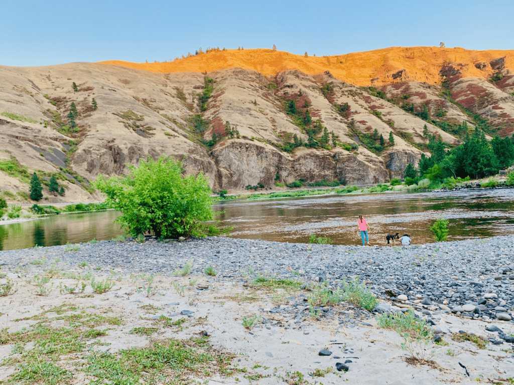 Clearwater River near Nez Perce Reservation with kids and dog playing on stone with rolling hills sunset in the background