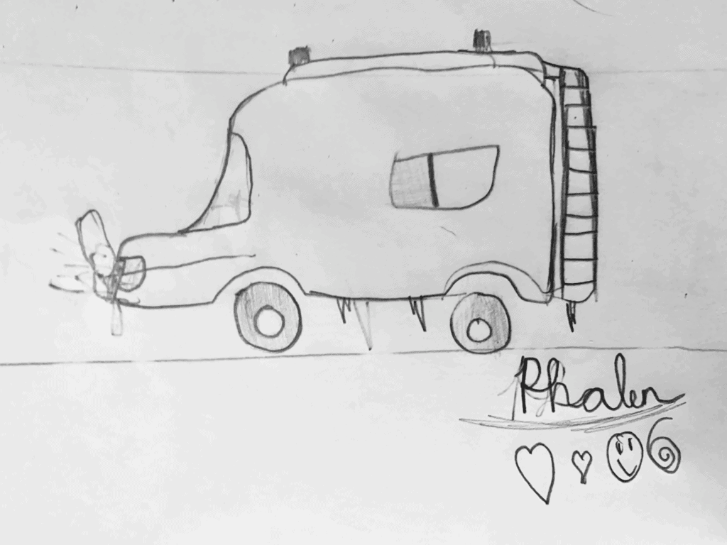 Van Life Kid Art of our Sprinter with Icicles on bottom and ladder on the back roof rack on the top love Phalen