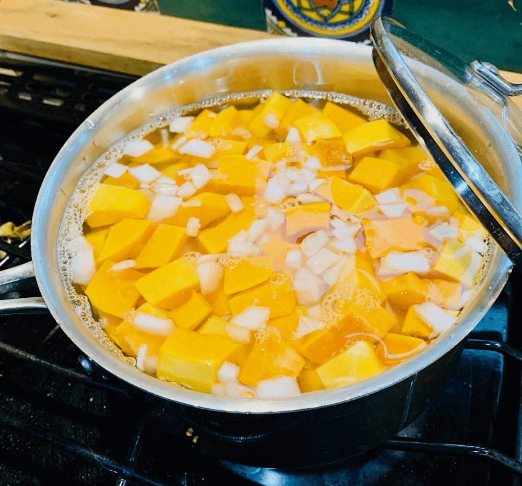 Bright yellow Butternut Squash and white onion and millet in macrobiotic Van Porridge in pot with van kitchen stove in the background