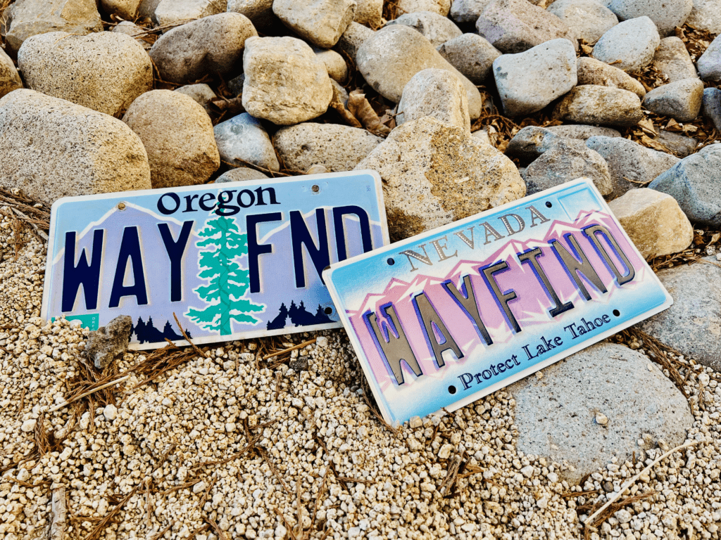 Wayfind to Nevada license plates with desert rocky landscape in the background