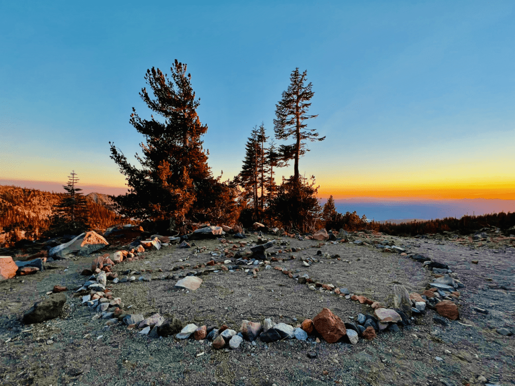 Elaborate Spiritual Circle with Sunset on Mount Shasta upper slopes with the Trinity Range in the background