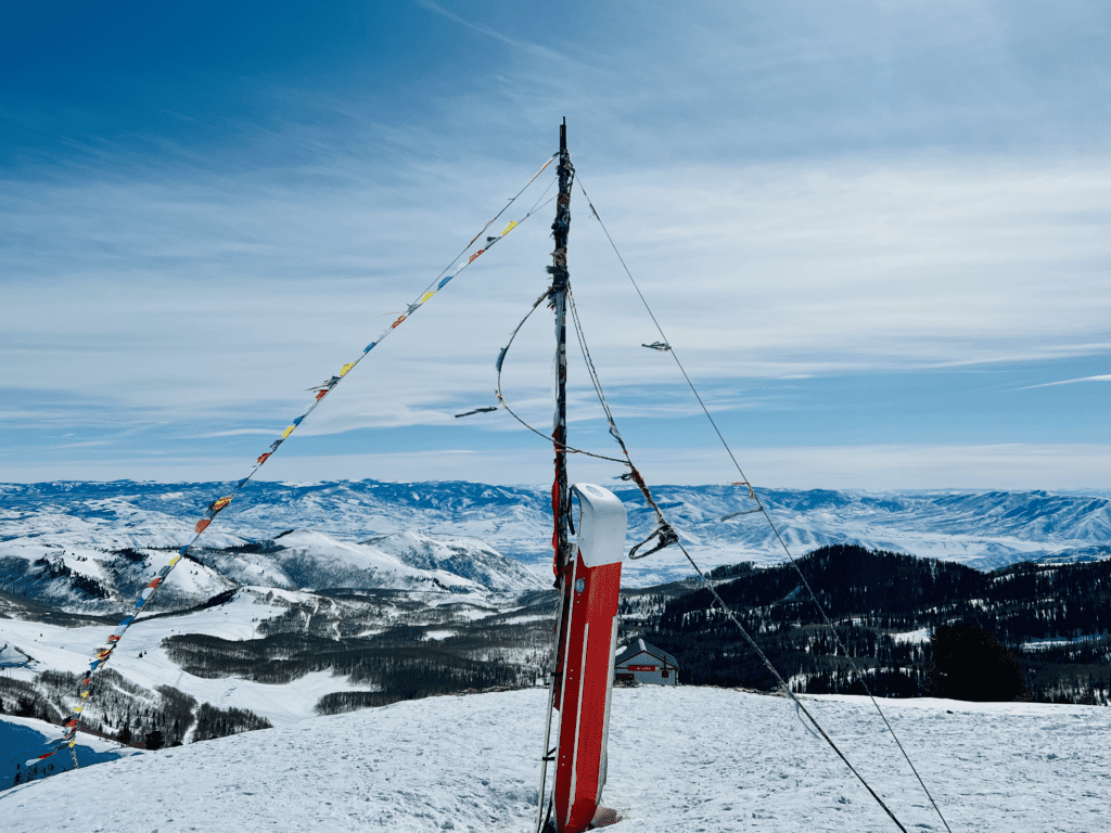 Jupiter Peak Park City Mountain Resort Ski prayer flags overlooking Heber Valley in the background