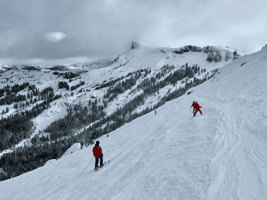 Kirkwood Family Ski on the Wall with Thimble Peak in the background