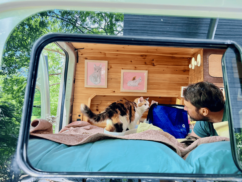 A van guy and his dear calico girl Pitta through the van window a view into our family van life with pictures of our beloved tuxedo in memory on our van walls and with beautiful reflections of trees in the background