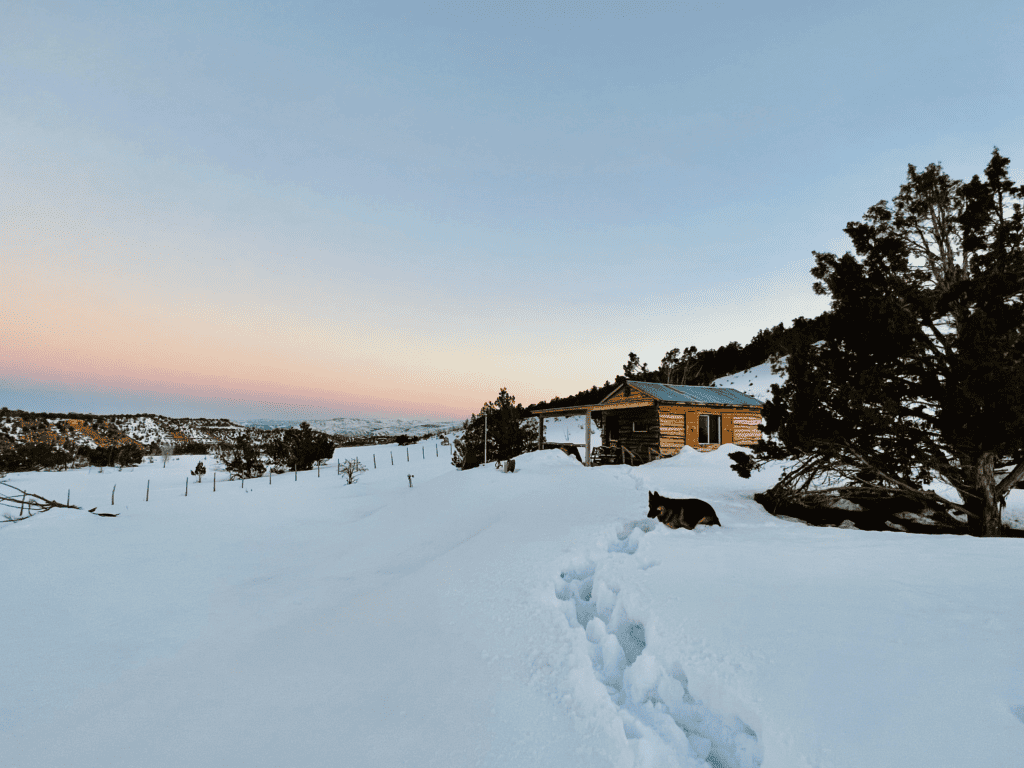 Uinta Basin Homestead with a German shepherd walking in snow and a beautiful sunset over the red Mesa in the background